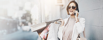 Buy stock photo Woman, shopping bag and phone call for fashion in street, happy or chat for gossip in city. Person, banner and thinking with sale, excited and smartphone for contact with taxi driver on road in Italy