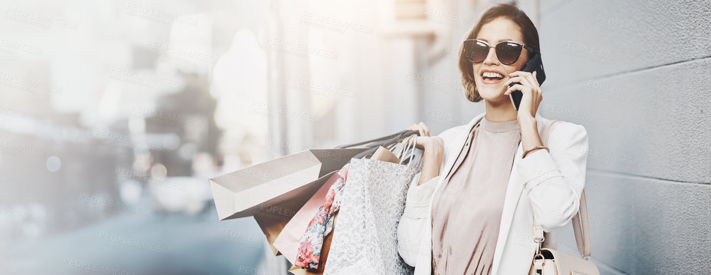 Buy stock photo Woman, shopping bag and phone call for fashion in street, happy or chat for gossip in city. Person, banner and thinking with sale, excited and smartphone for contact with taxi driver on road in Italy