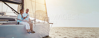 Buy stock photo Ocean, couple and relax on holiday in boat on trip for break, adventure and fun in Bali. People, relationship and banner on yacht or cruise for summer vacation at beach with anniversary celebration