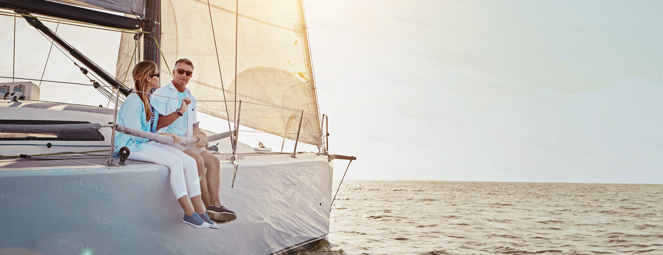 Buy stock photo Ocean, couple and relax on holiday in boat on trip for break, adventure and fun in Bali. People, relationship and banner on yacht or cruise for summer vacation at beach with anniversary celebration