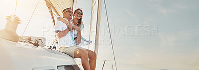 Buy stock photo Travel, sailing and couple hug on boat in ocean for cruise on holiday, vacation and journey. Mockup space, banner and man and woman on yacht, transport and ship for adventure, anniversary and bonding