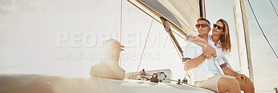 Buy stock photo Travel, sailing and couple on boat at sunset for cruise on holiday, vacation and journey. Happy, banner space and man and woman on yacht, luxury transport and ship for adventure, tourism and bonding