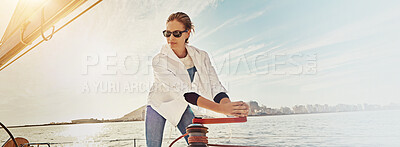 Buy stock photo Sea, steering helm or happy woman on boat for travel, vacation or holiday with adventure in Greece. Smile, banner and tourist on yacht in ocean to relax for tropical trip, control or mockup space