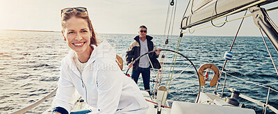 Buy stock photo Ocean, banner and couple on boat for travel, vacation and holiday with summer adventure in Greece. People, control and tourists on yacht at beach to relax for sailing trip, steering helm and journey