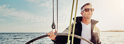 Buy stock photo Travel, sailing and man on yacht at helm for direction on holiday, vacation and journey. Navigation, banner and person steer on boat, luxury transport and ship for adventure, cruise and explore ocean