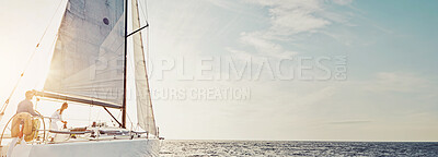 Buy stock photo Sailing, people and couple steering boat at sea for tropical adventure, support or sightseeing nature with sunset view. Mockup space, banner and island for vacation and ocean ride on yacht together