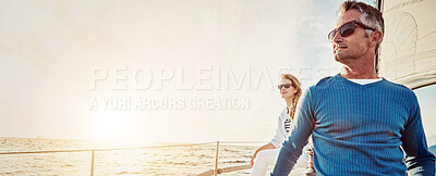Buy stock photo Travel, banner and couple on boat by ocean for vacation, getaway or weekend trip for romantic date. Mockup, sailing and mature man and woman on yacht for holiday adventure together by sea at sunset.