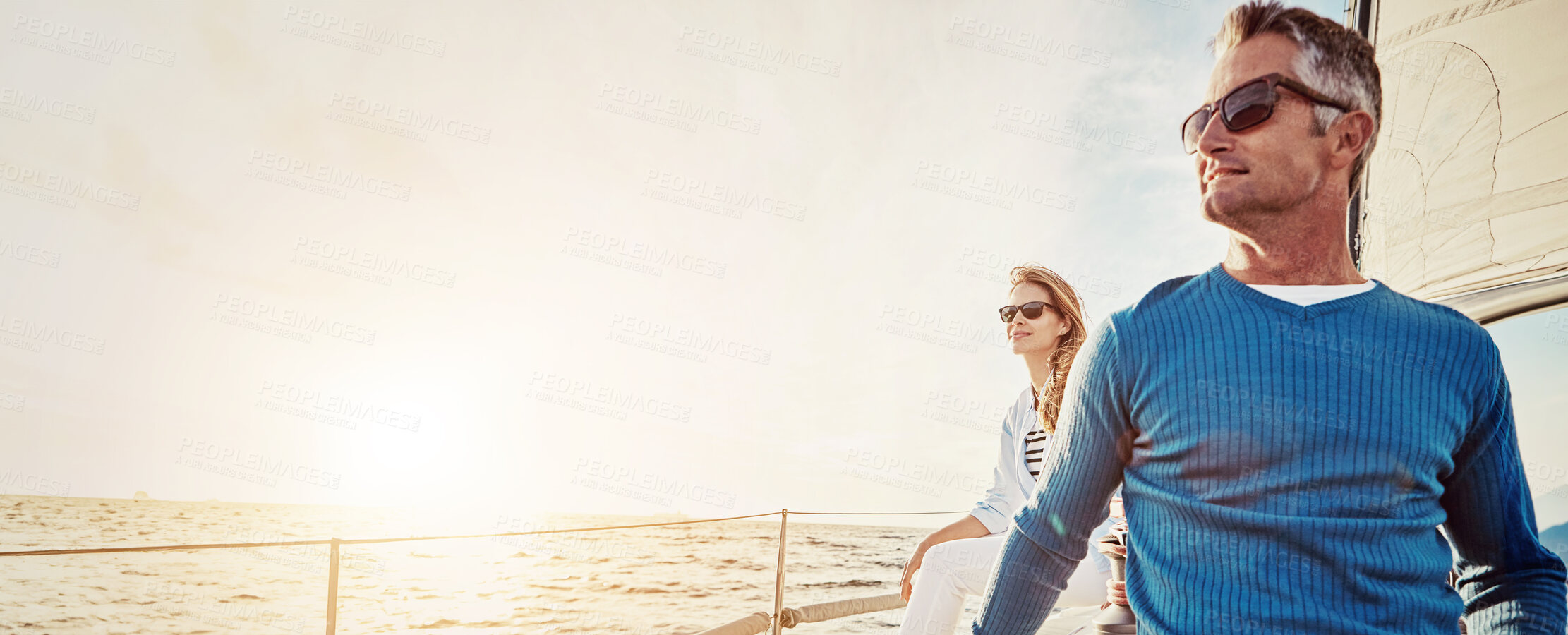 Buy stock photo Travel, banner and couple on boat by ocean for vacation, getaway or weekend trip for romantic date. Mockup, sailing and mature man and woman on yacht for holiday adventure together by sea at sunset.