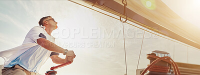 Buy stock photo Sailing, yacht and man with winch for travel, adventure and holiday hobby with summer ocean and wind. Sailor, person and luxury ship with sea for vacation, trip and journey for cruise and navigation