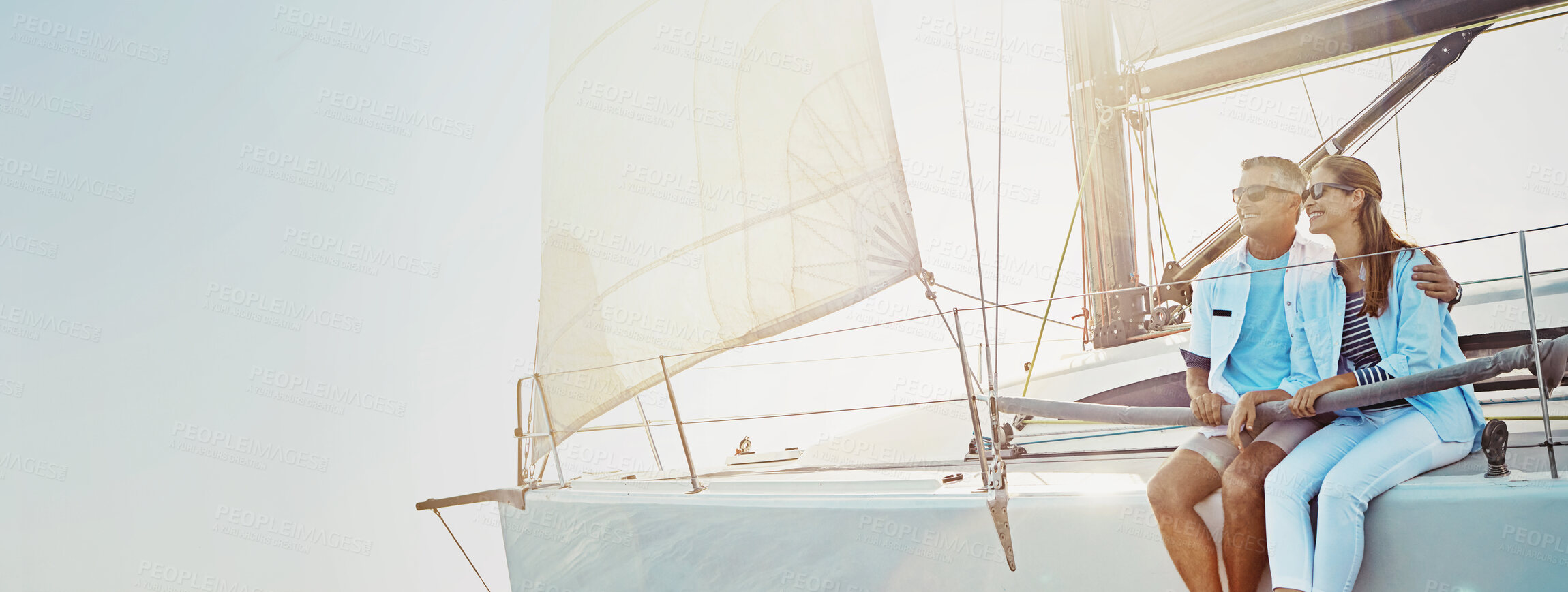 Buy stock photo Ocean, banner and couple on boat for holiday, vacation and travel with love or adventure in Greece. Mockup space, romantic date and people hug on yacht at beach to relax for sailing trip and view