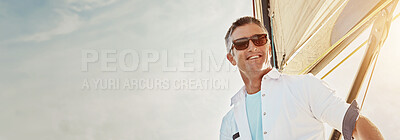 Buy stock photo Travel, sailing and mature man on boat for sunset cruise for holiday, vacation and journey. Happy, banner and person on yacht, luxury transport and ship for adventure, tourism and explore ocean