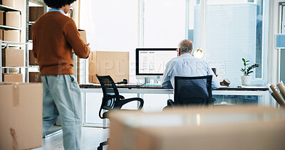 Buy stock photo Box, computer and logistics company with business men in office together for delivery or distribution. Back, collaboration and shipping with employee people at workplace for supply chain planning