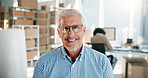 Portrait, manager and happy man in small business for logistics, supply chain or startup experience. Warehouse, face and mature person at work with glasses for professional distribution or shipping