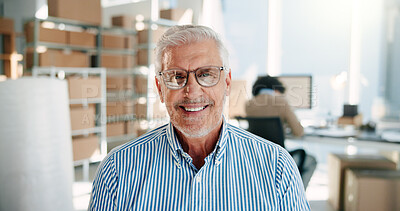 Buy stock photo Portrait, manager and happy man in small business for logistics, supply chain or startup experience. Warehouse, face and mature person at work with glasses for professional distribution or shipping