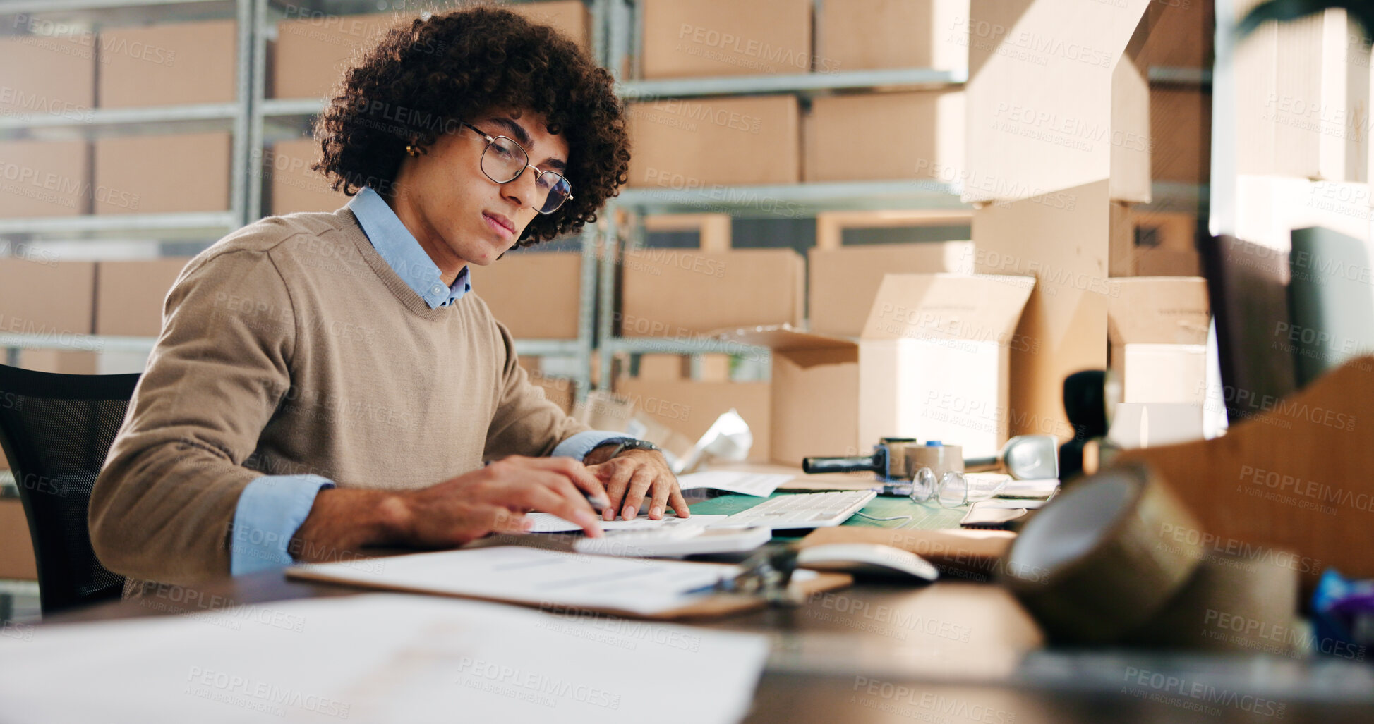 Buy stock photo Man, writing and paperwork for distribution in warehouse, inventory update and logistics information. Male person, documents and ecommerce schedule of stock checklist, supply chain and order feedback
