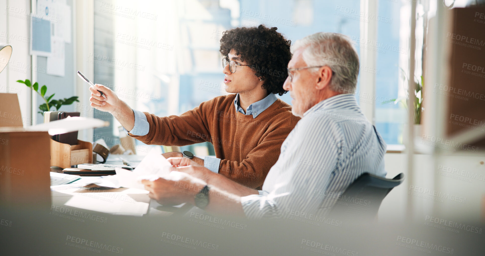 Buy stock photo Small business, team and men planning shipping, distribution or intern pointing. Talking, logistics and discussion for delivery, inventory document or coaching with warehouse manager for supply chain