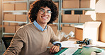 Box, logistics and portrait of business man in office for delivery, distribution or ecommerce. Industry, retail and shipping with smile of happy employee in workplace for supply chain planning