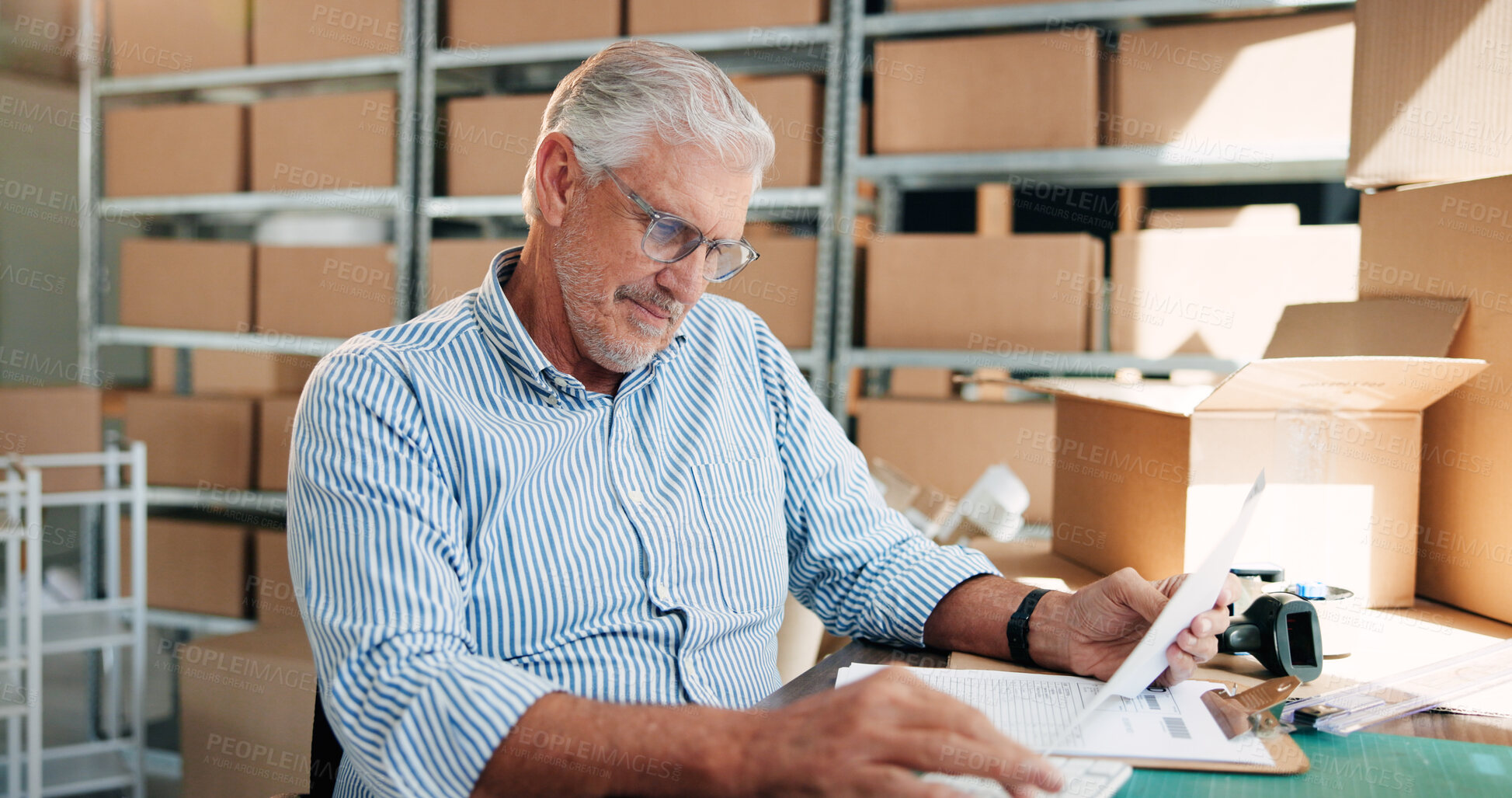 Buy stock photo Senior man, reading and paperwork for distribution industry, inventory update and logistics information. Worker, document and ecommerce schedule with stock checklist, supply chain and order feedback