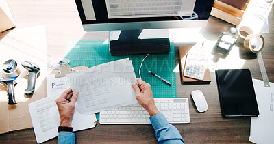 Buy stock photo Hands, person and reading documents with distribution industry, inventory update and logistics information. Worker, review order and ecommerce paperwork with stock checklist, startup admin and report