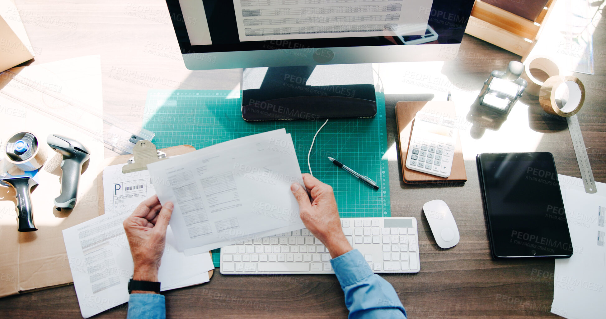 Buy stock photo Hands, person and reading documents with distribution industry, inventory update and logistics information. Worker, review order and ecommerce paperwork with stock checklist, startup admin and report