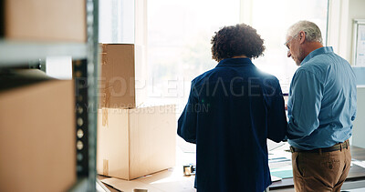 Buy stock photo Back, box and logistics company with business men in office together for delivery or distribution. Collaboration, conversation and shipping with employee people at workplace for supply chain planning