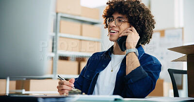Buy stock photo Computer, phone call and shipping with business man in office for delivery, distribution or logistics. Box, conversation and smile of happy courier employee at workplace for supply chain planning