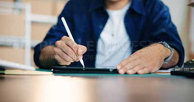 Buy stock photo Hands, logistics and tablet with business person at desk in office for delivery or distribution. Internet, planning and writing with courier employee at work for shipping or supply chain management