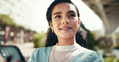 Buy stock photo Thinking, phone and student with woman in city for scholarship, networking app and reflection. Vision, college application and opportunity with person in outdoor of Brazil for email and university