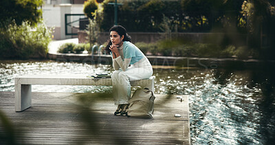 Buy stock photo Stress, lake and student outdoor with anxiety for results of university test, exam or assignment. Scared, waiting and woman by river with backpack at college campus for project mark in nature.