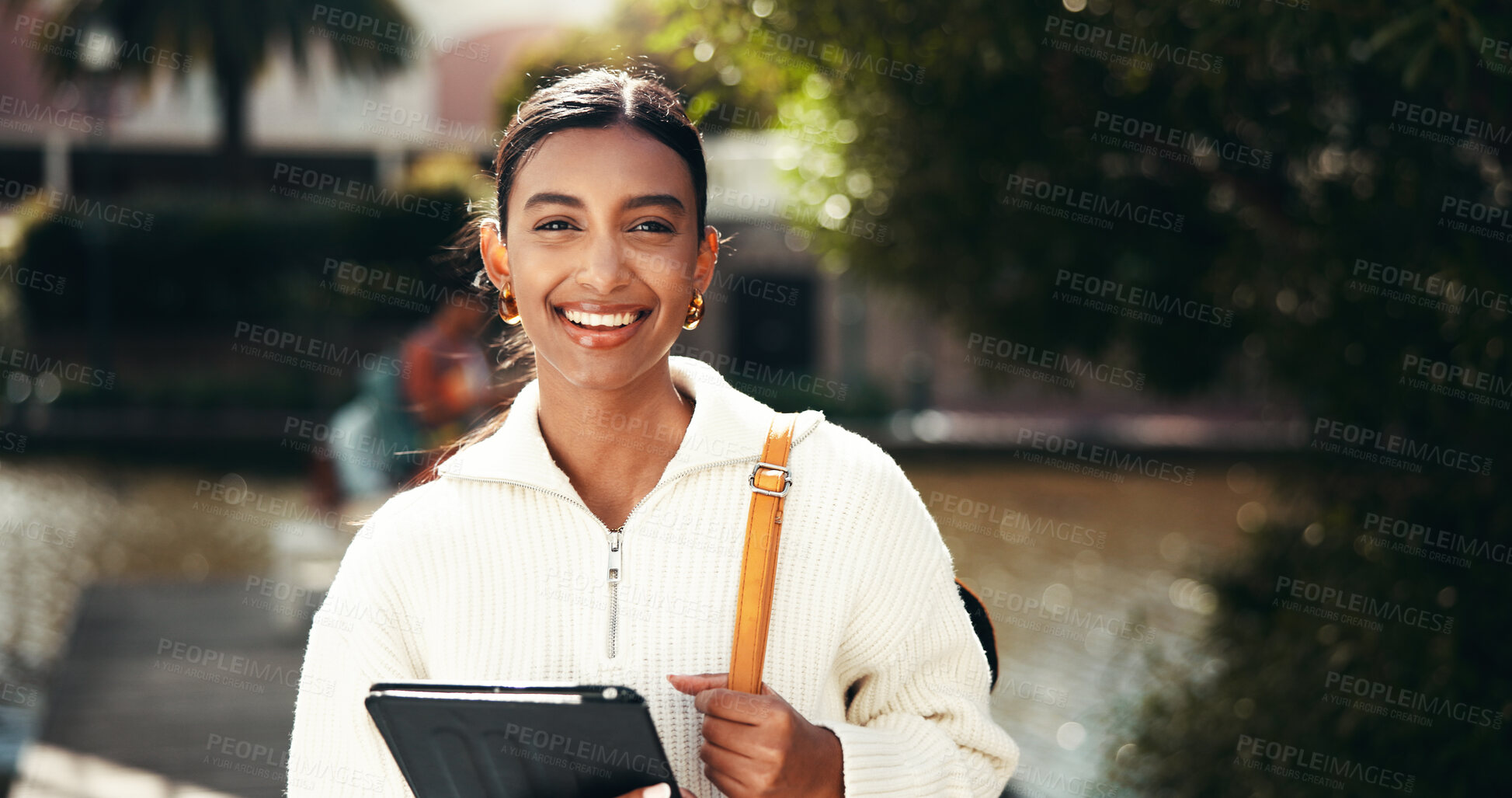 Buy stock photo Portrait, college and education for woman, smile and student with scholarship, confident and outdoor. Campus, proud and Indian person with knowledge, university and happy for opportunity in Mumbai