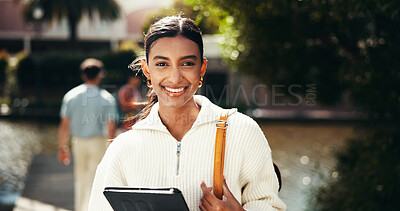Buy stock photo Portrait, confident and education for woman, smile and student with scholarship, college and outdoor. Campus, proud and Indian person with knowledge, university and happy for opportunity in Mumbai