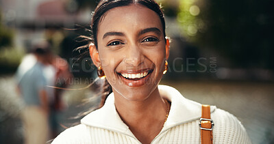 Buy stock photo Portrait, excited and education for woman, college and student with scholarship, confident and outdoor. Campus, proud and Indian person with knowledge, university and happy for opportunity in Mumbai