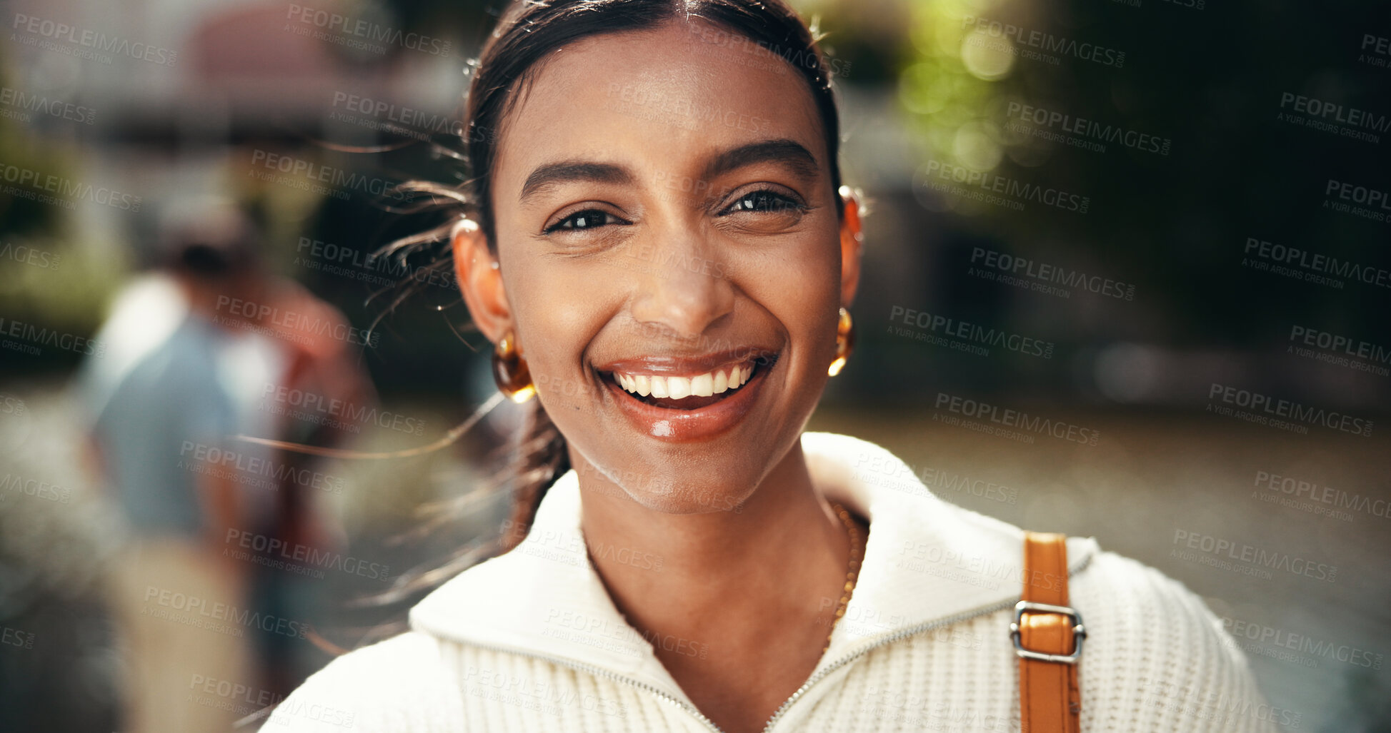 Buy stock photo Portrait, excited and education for woman, college and student with scholarship, confident and outdoor. Campus, proud and Indian person with knowledge, university and happy for opportunity in Mumbai