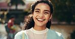 Portrait, student and education for woman, smile and confident for scholarship, college and outdoor. Campus, proud and person with knowledge, university and happy for opportunity, pupil and Canada