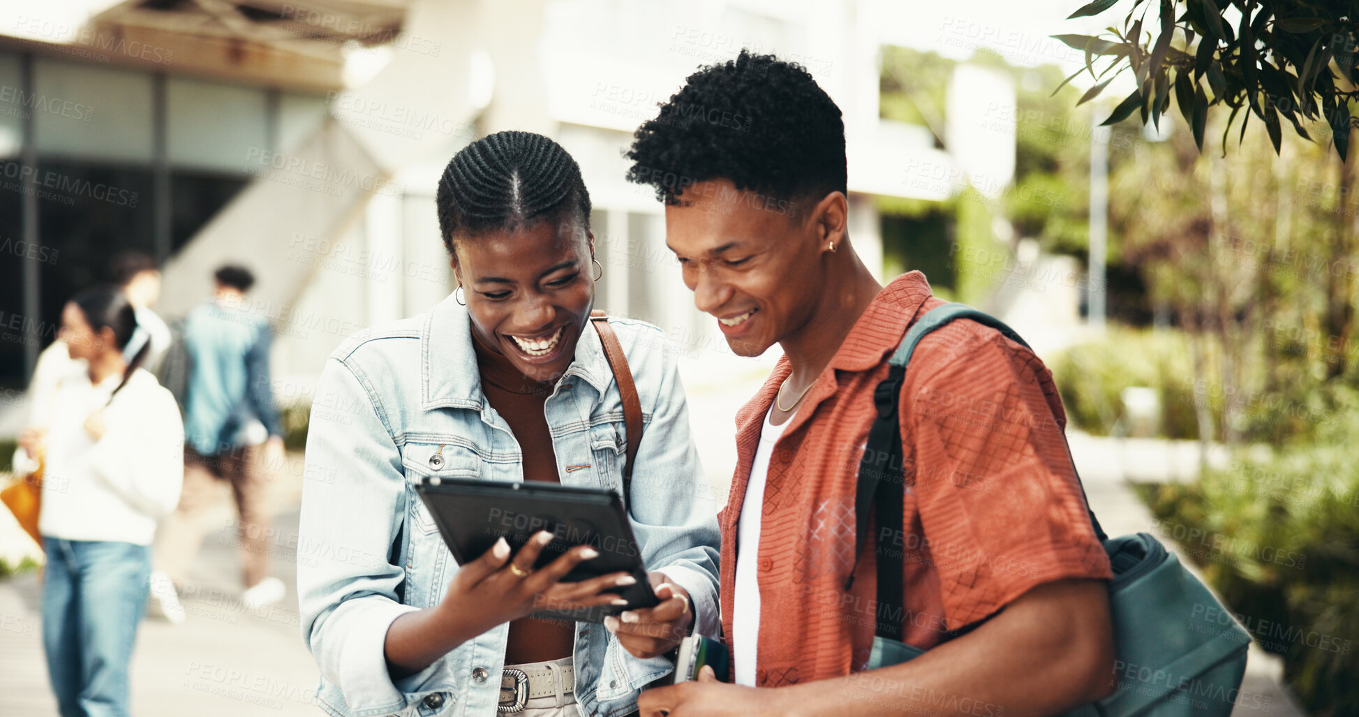 Buy stock photo Tablet, smile and students at university reading online results for exam, assignment or test. Happy, digital technology and friends checking marks for college project at outdoor campus together.