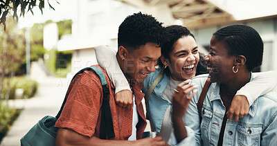 Buy stock photo University student, friends and laughing together outdoor for funny joke, gossip story and bonding. Education, people and humor on campus for learning break, fun conversation and study support group