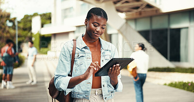 Buy stock photo Thinking, university and woman with tablet, education and student with scholarship, studying and outdoor. Campus, research and person with tech, knowledge and happy for opportunity at college