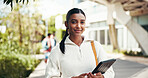 Portrait, college and woman with tablet, smile and student with scholarship, education and outdoor. Campus, proud and Indian person with knowledge, university and happy for opportunity in Mumbai