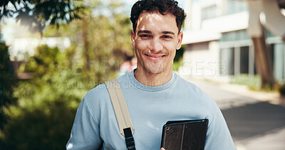 Buy stock photo Portrait, happy student and man at outdoor with tablet for learning, education or scholarship at college park. Smile, face and confident person at university campus for studying or travel to Portugal