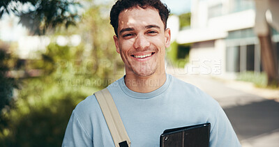 Buy stock photo Portrait, happy student and man at park with tablet for learning, education or scholarship at college outdoor. Smile, face and confident person at university campus for studying or travel to Portugal