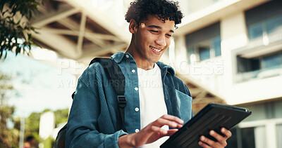 Buy stock photo Tablet, happy student and man at university outdoor for class schedule, learning and online education. Smile, technology and person at college campus to check test results, research or reading ebook