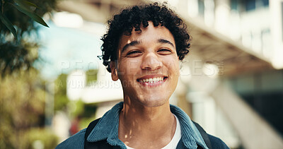 Buy stock photo Portrait, happy student and man at university campus for learning, education and scholarship. Smile, face and confident person at college outdoor for studying, travel and future opportunity in Mexico