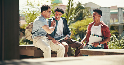 Buy stock photo People, students and campus for handshake, outdoor and friends speaking on education. Men, academy and support with university project or module, funny conversation and studying at college park