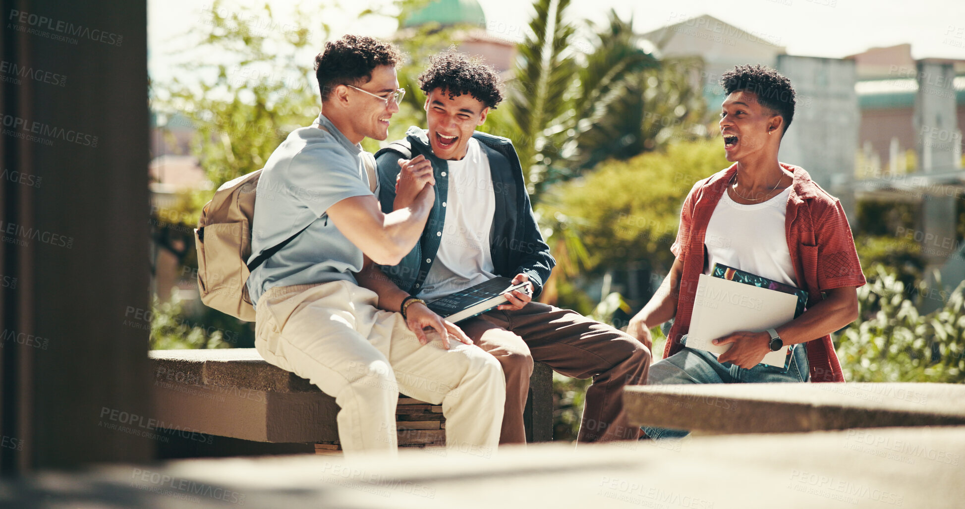 Buy stock photo People, students and campus for handshake, outdoor and friends speaking on education. Men, academy and support with university project or module, funny conversation and studying at college park