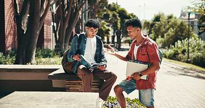 Buy stock photo Men, students and discussion with books, campus and outdoor for scholarship, development and progress. People, together and notebook with education, learning and information for exam at university