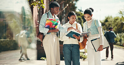 Buy stock photo People, students and college for textbook research, outdoor and friends talking on education. Women, academy and support with university project or module, conversation and study help with course