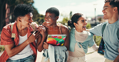 Buy stock photo University student, group and laughing together on campus for funny joke, conversation and bonding. Education, people and friends at college for learning break, scholarship and study support outdoor