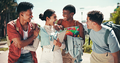 Buy stock photo University student, people and laughing together on campus for funny joke, conversation and bonding. Education, group and friends at college for learning break, gossip story and study support outdoor