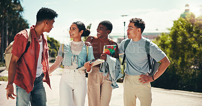 Buy stock photo Education, funny and walking with friends outdoor together for learning or study at college. Conversation, laughing and university with group of students at school for knowledge or scholarship