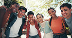 Students, group and happy in low angle, hug and circle with diversity, support and back to school for education. People, friends and smile with embrace, learning or scholarship portrait at university